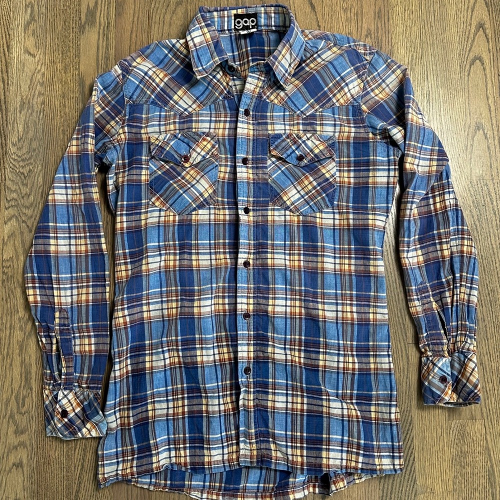 70s Gap Mens Plaid Button Down LS Casual Shirt, Blue Brown, Vintage Large